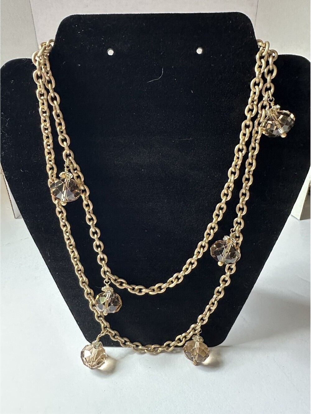 Stella And Dot Brass Tone Necklace Large Pink Beads Rhinestone Accents 20”